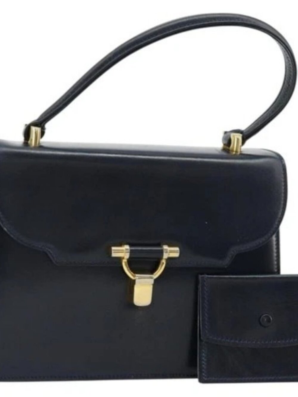 GUCCI Hand Bag Leather Navy Gold Auth 177606